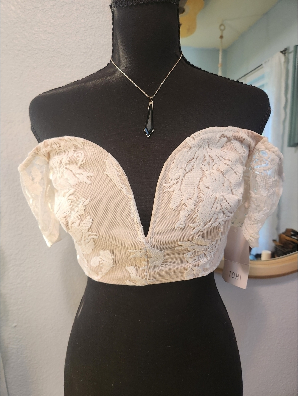 Off-Shoulder Lace Bustier Crop Top in Ivory